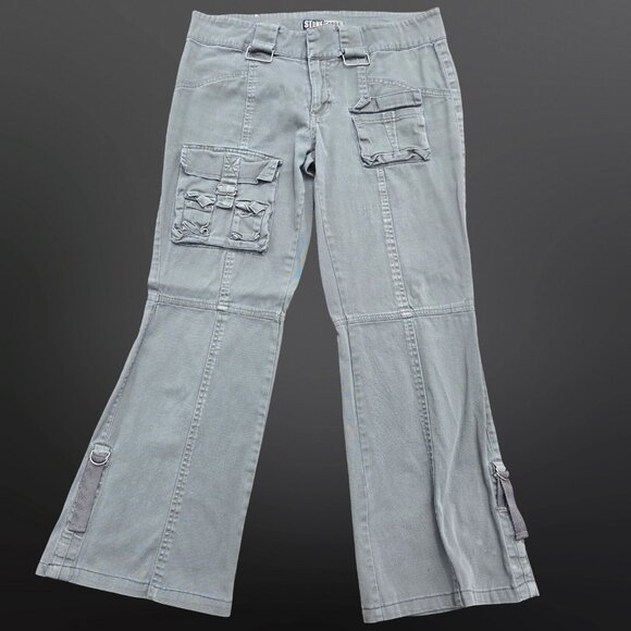 Y2K Cropped Cargo Pants Size 9 Green Kick Flare Rave Festival Grunge Punk - Picture 1 of 9